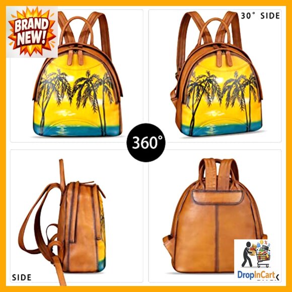 Genuine Leather Backpack Hand Painted Retro Vintage Daypack College Casual main image 4